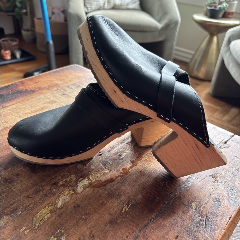 Black Leather Clogs